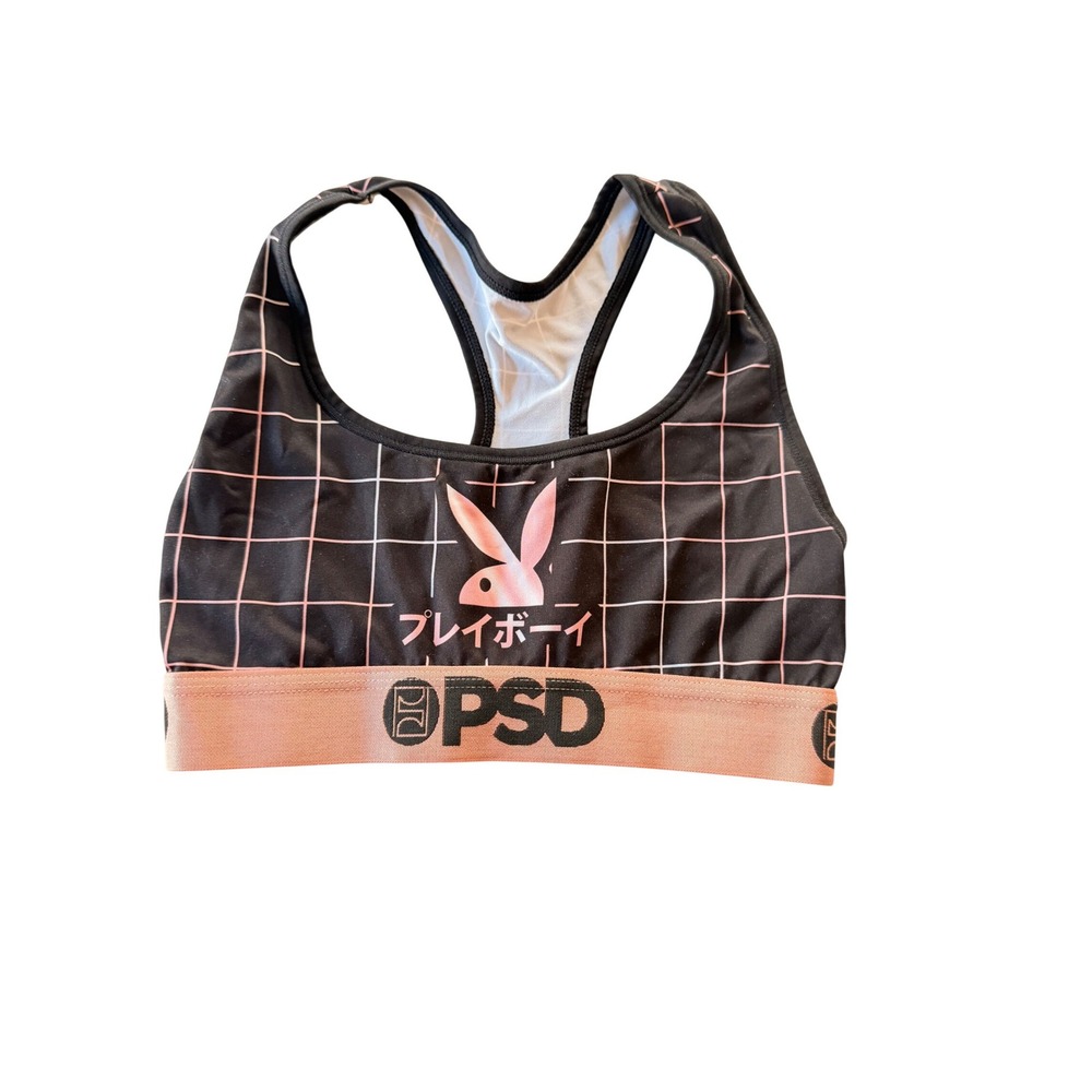 PSD Playboy Sports Bra Black Pink Grid Japanese Logo Racerback Womens XS